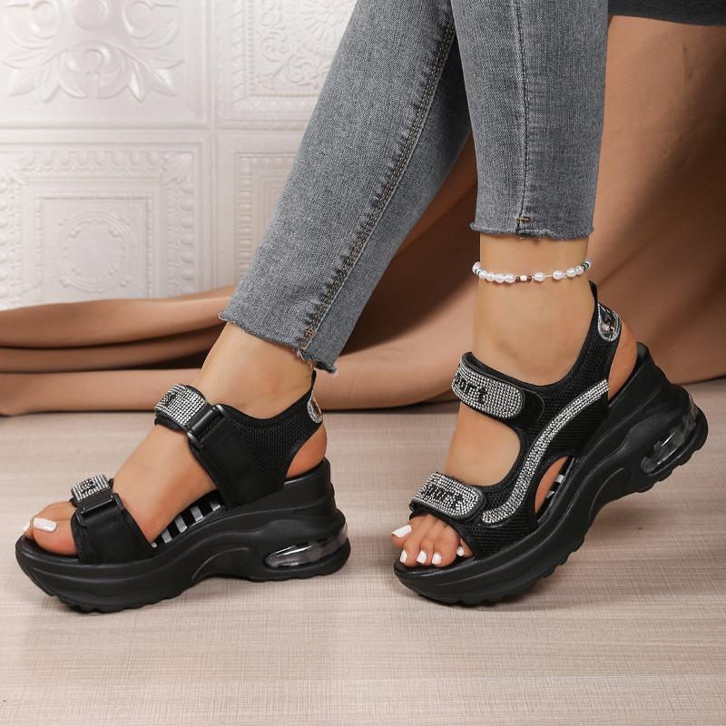 Cross-border Large Size Platform Sports Sandals Women's Summer New Velcro Rhinestone Beach Casual Wedge Sandals