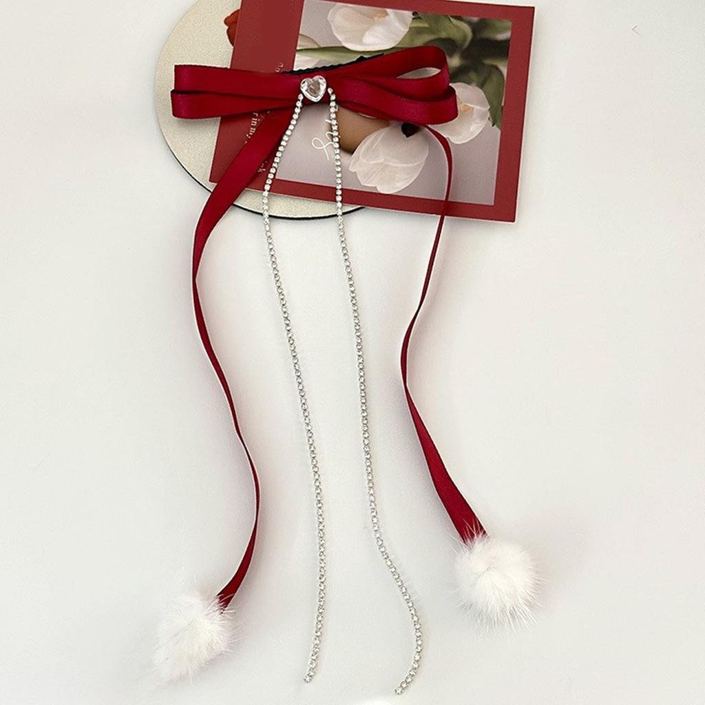 Cute Sweet Girly Bow Hair Clip Bow Long Ribbon Y2K Pompoms Bow Bunches Rhinestones Sweet Balletcore Style