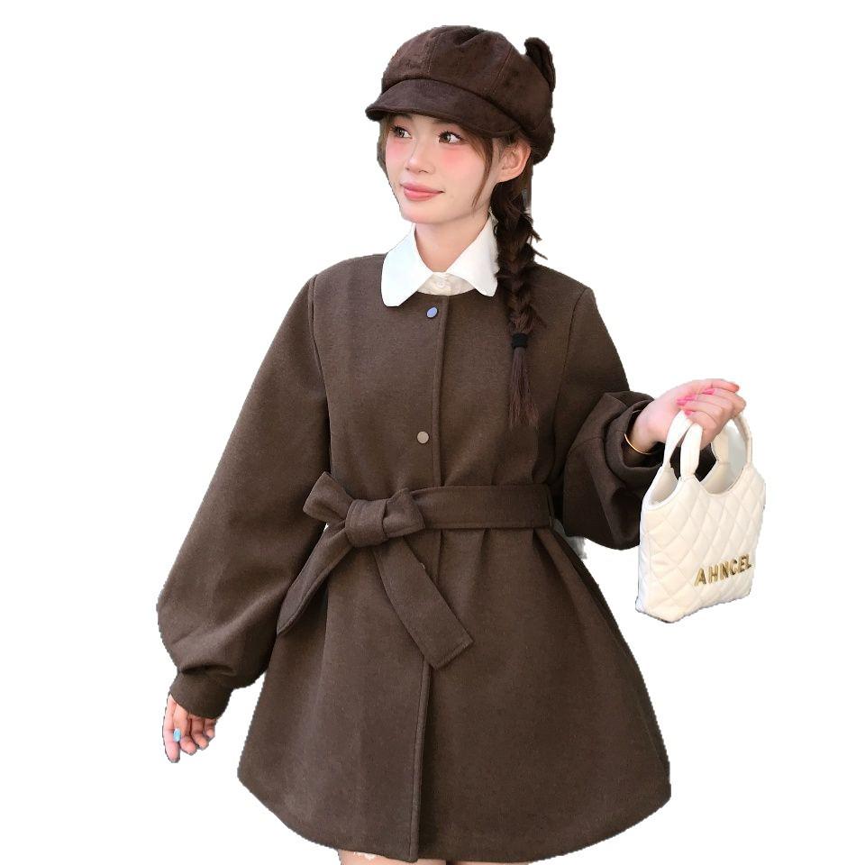 Autumn/Winter 2025 Elegant Double-Sided Wool Coat with Belted Lantern Sleeves - French Style Petite Women's Windbreaker Dress