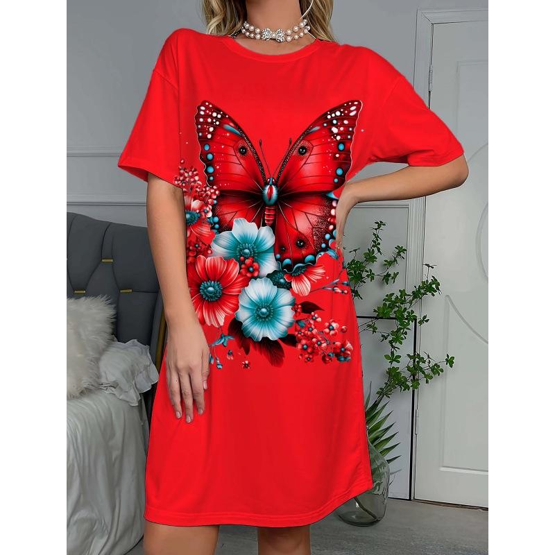 Ladies Elegant Butterfly Print Short Sleeved Plus Size T-shirt For Both Outdoor And Home Wear L