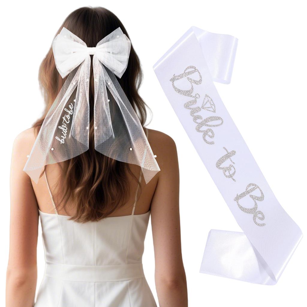 2026 Fashion Bridal Bow Embroidery Hairpin Pearl Hot Silver Shoulder Strap Bachelor Party Super Fairy Mesh Set