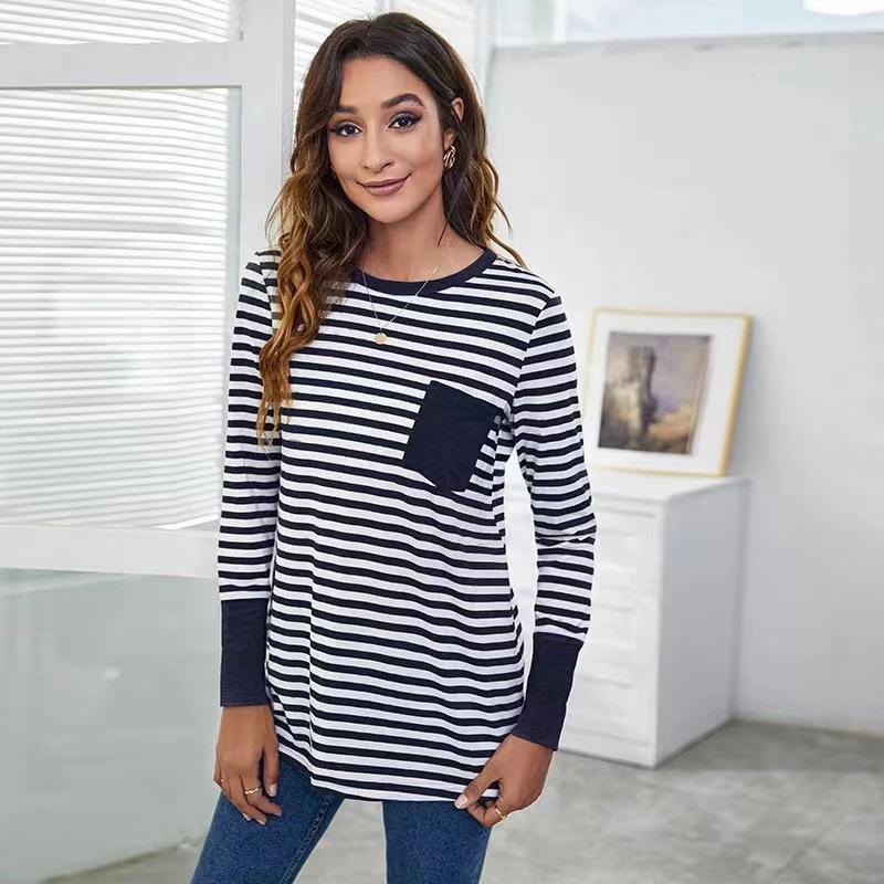 Ladies Autumn Winter Long Sleeve O Neck Striped Loose Pullover T Shirt Top with Pocket
