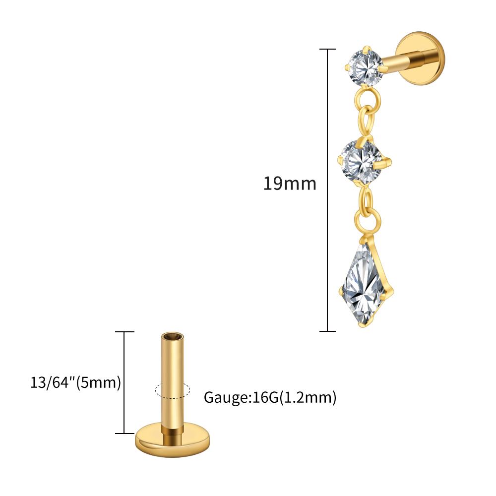Right Grand ASTM F136 Titanium Dangling CZ Drop Piercing 16G Dangle Chain Kite Shape Cartilage Helix Stud Flat Back Earring