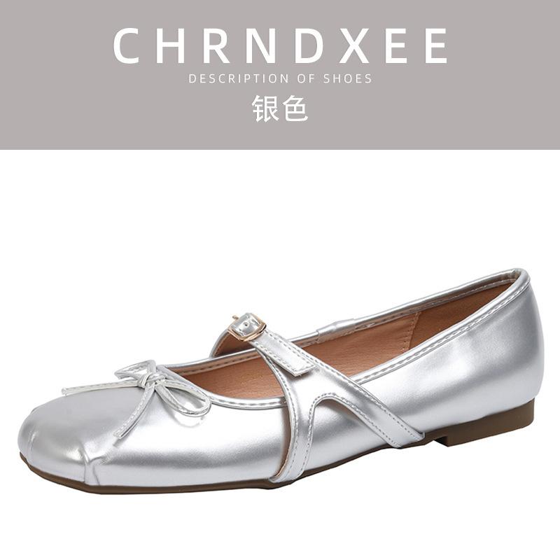 Sheepskin Version~ Silver Temperament Retro Single Shoes French Ballet Shoes Women's Bow Square Head Light Mouth Soft Flat Shoes