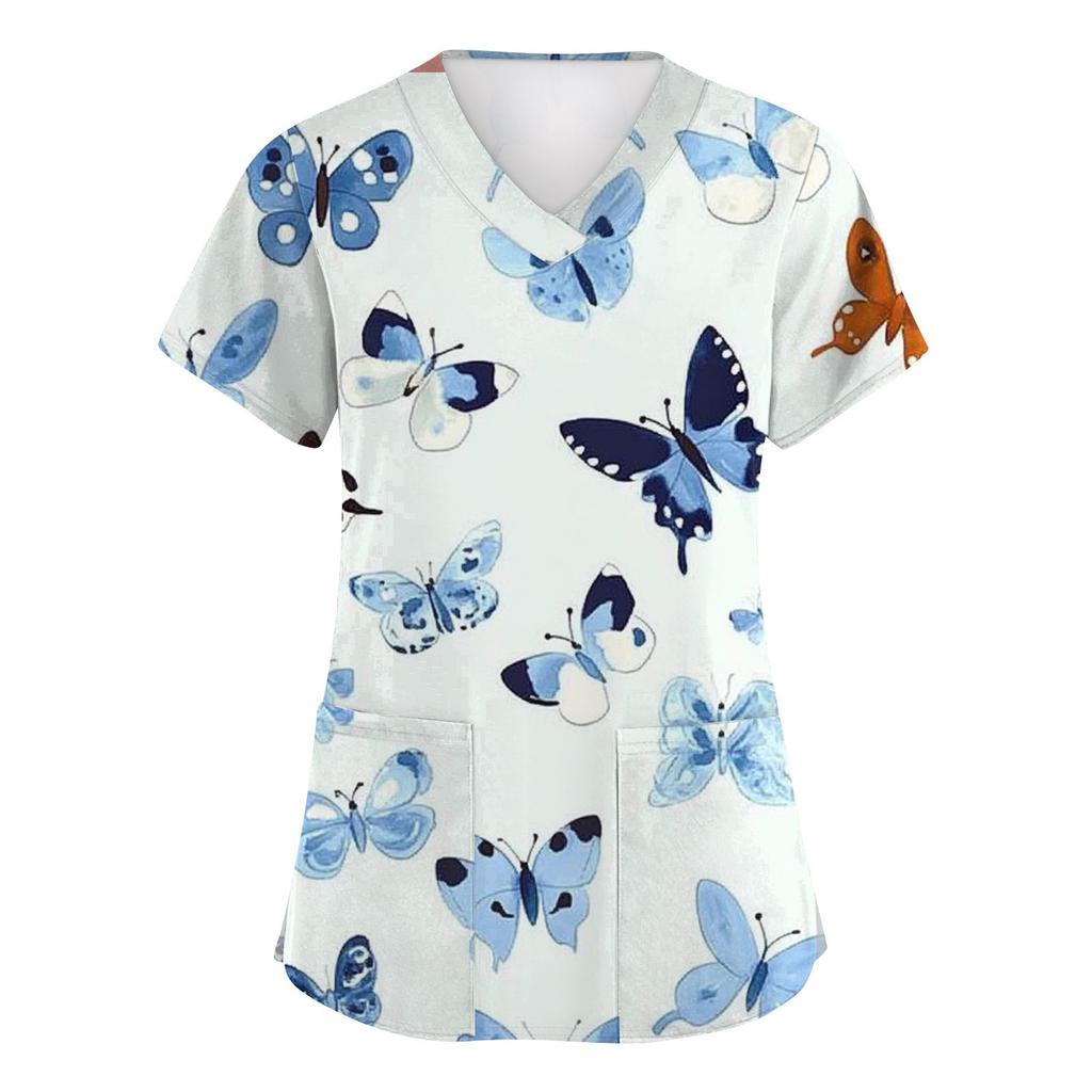Women's Fashion Short Sleeve Cute Animal Printed V-Neck Pocket Workwear Tops
