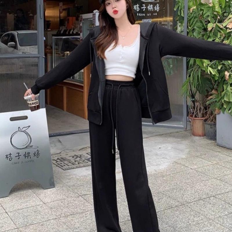 Autumn and Winter Large Size Lazy Sportswear Suit Women's Loose Sweatshirt High Waist Wide Leg Pants Slimming Two Piece Set