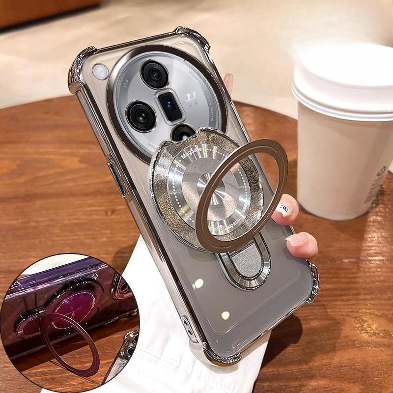 

Противоударный чехол с магнитным держателем с гальваническим покрытием для OPPO Find X8 Pro X8S Plus X7 Ultra, силиконовый чехол Oppo Find X7 Ultra серебряный