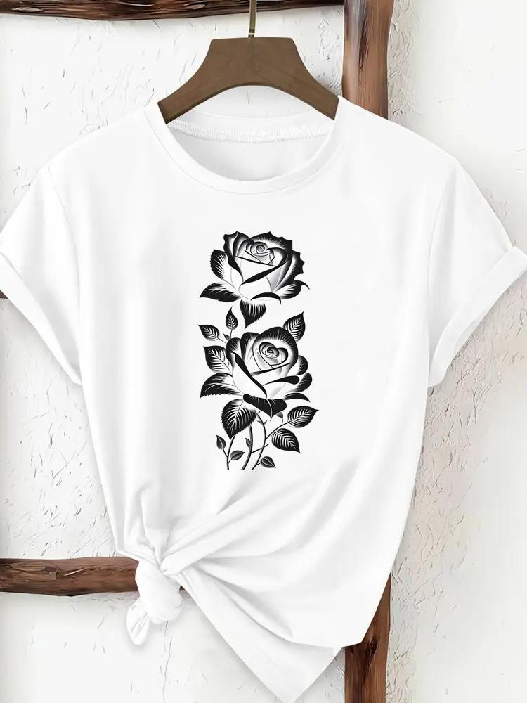 (Asian Size) Tee Print Fashion Top Women Clothing T Shirt Woman Female Sweet Flower Lovely Cute Short Sleeve Graphic T-shirts