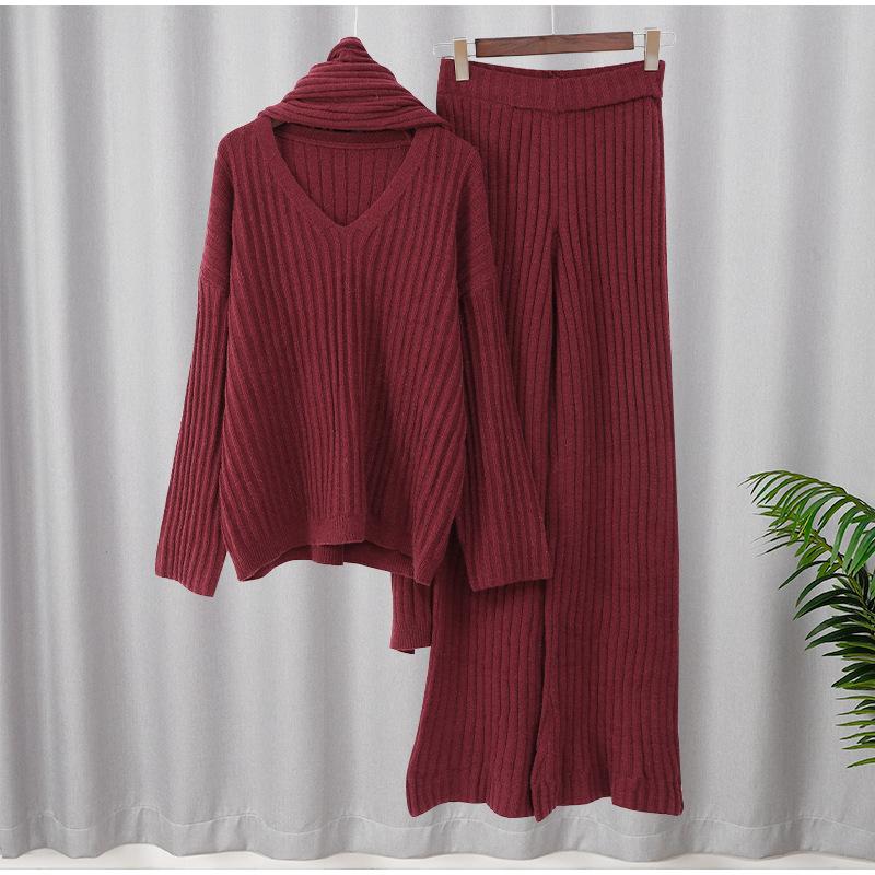 Autumn and Winter Wool Suit Women's Autumn and Winter High-end Sense Solid Color V-neck Sweater Straight Trousers Two-piece Set Women