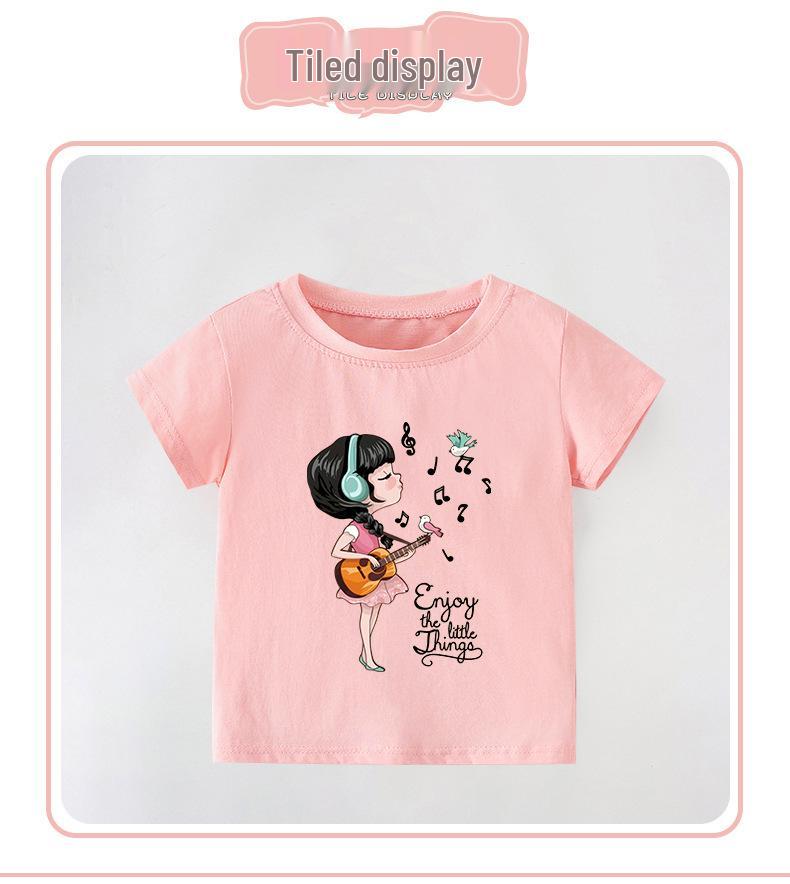 New European Style Girls' Cartoon T-Shirt - Round Neck, Short Sleeve, Summer Wear for Kids