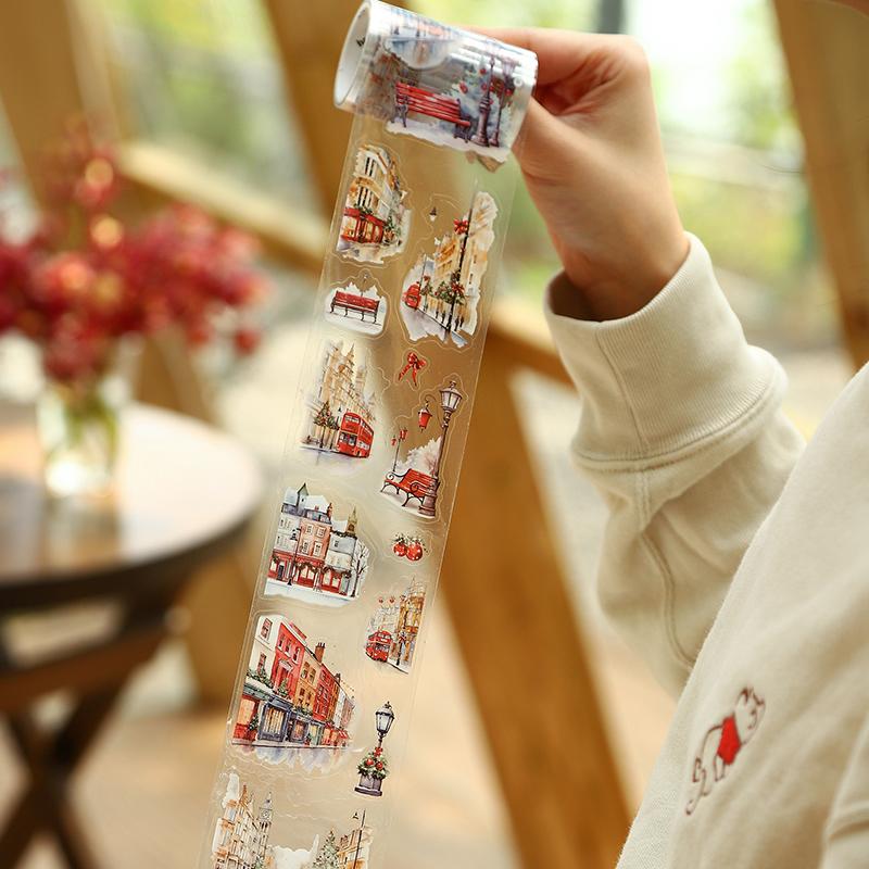 2m/roll PET Die-cut Tape Romantic City Travel Street Landscape Street Light Pattern Tape Creative DIY Greeting Card Decoration