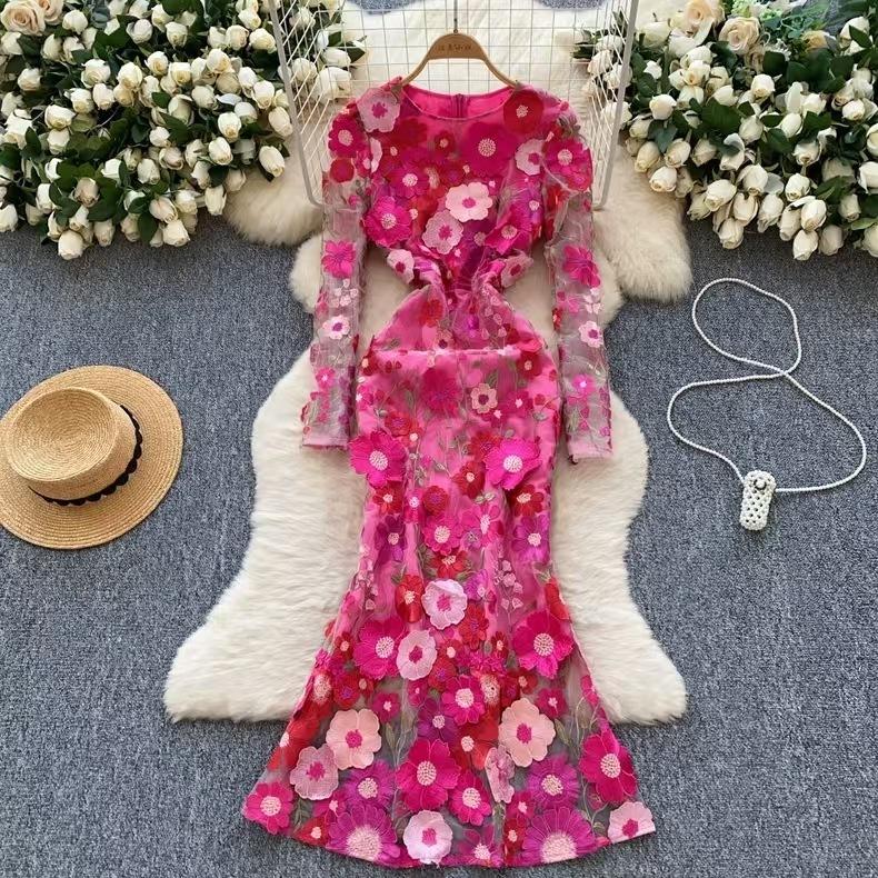 Rochii maxi lungi elegante cu broderie de flori 3D pentru femei Vacanta de vara Rochii de petrecere de seara cu coada de pește Creion