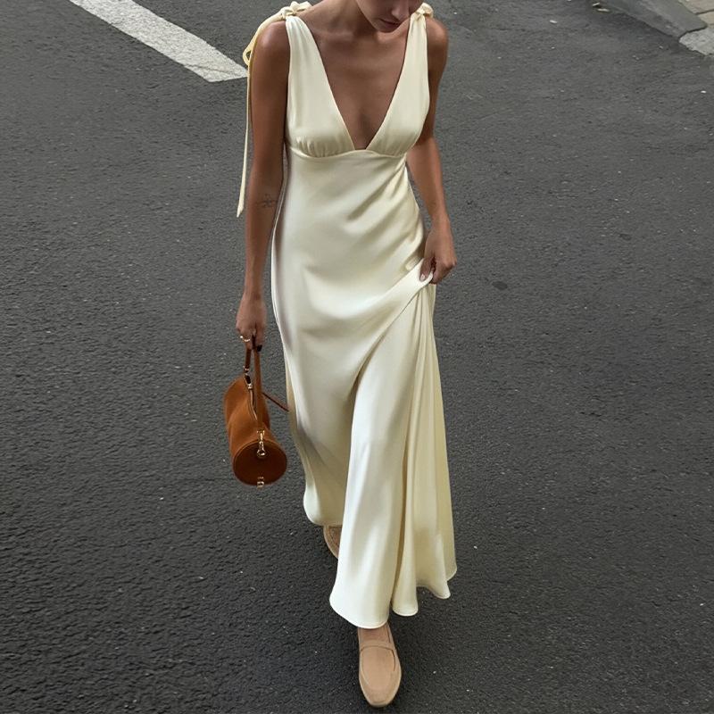 

Spring new, fashionable and elegant v-neck lace-up solid color splicing dress 3XL жовтий