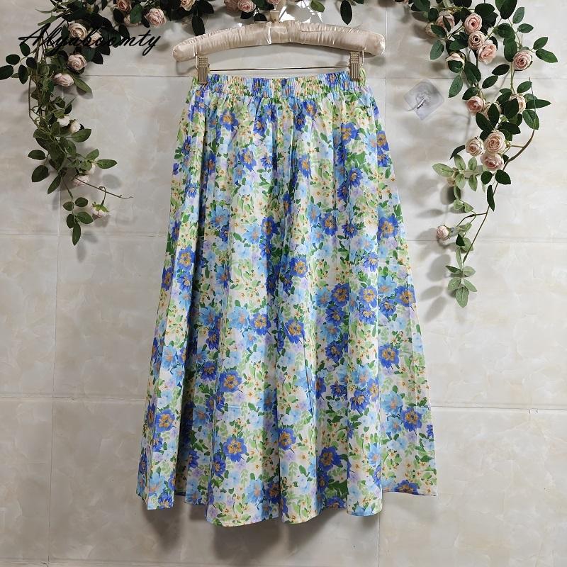 Japanese Mori Girl Summer Women Midi Skirt Elastic Waist Contrast Color Floral Print Sweet Skirt Pretty Travel Holiday Cotton Skirt