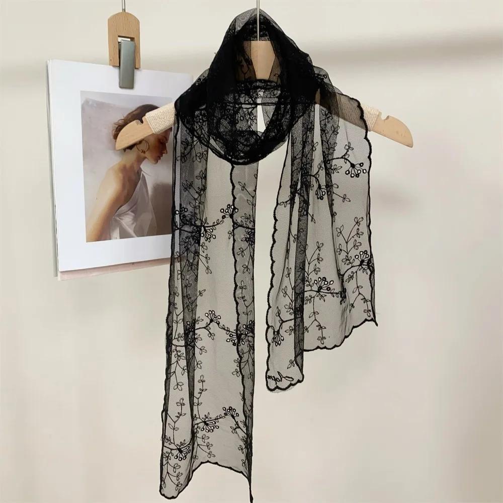 Literary Retro Women'S Lace Scarf Long Embroidered Flower Sunscreen Shawl Korean Version Female Headscarf