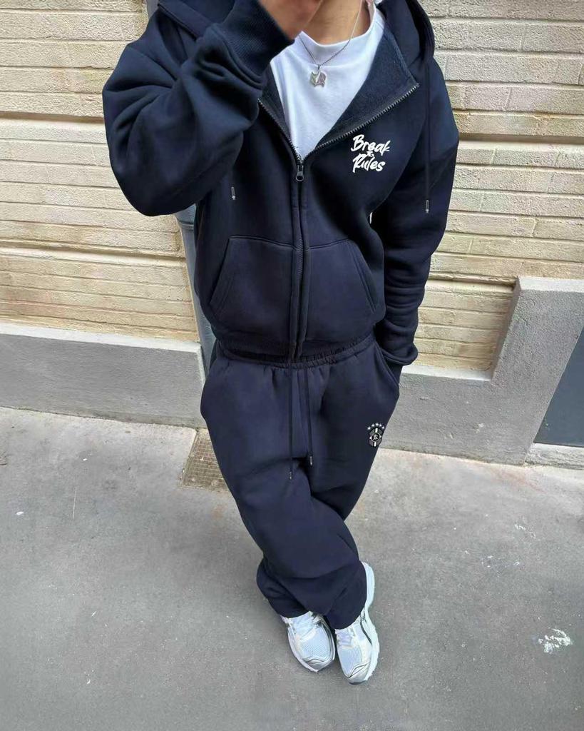 European American Trendy Street Style Graphic Zip-Up Hoodie & Casual Set