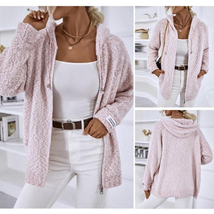 Women's Knit Sweater Cardigan Coat Hooded Drawstring Zipper