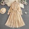 Mode Lässig Khaki Spitze Hemd Kleid frauen Laterne Hülse Einreiher Blumen Gürtel Aushöhlen Häkeln Party Kleider