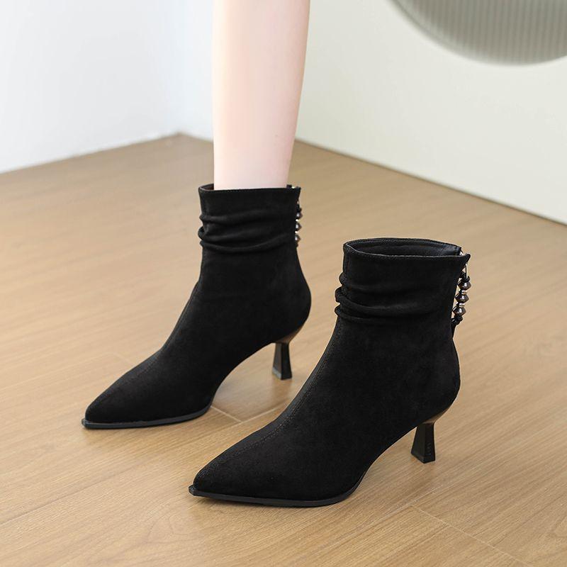 Gentle and fashionable pointed suede high-heeled short boots women's 2025 new pleated piled boots temperament thin heel thin boots