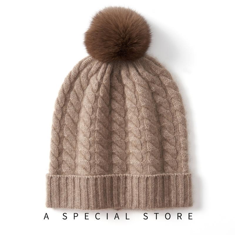 Super Soft Cashmere Autumn and Winter New Women's Knitted Toe Twist Pattern Removable Genuine Fur Ball Thickened Warm Ear Protection Hat