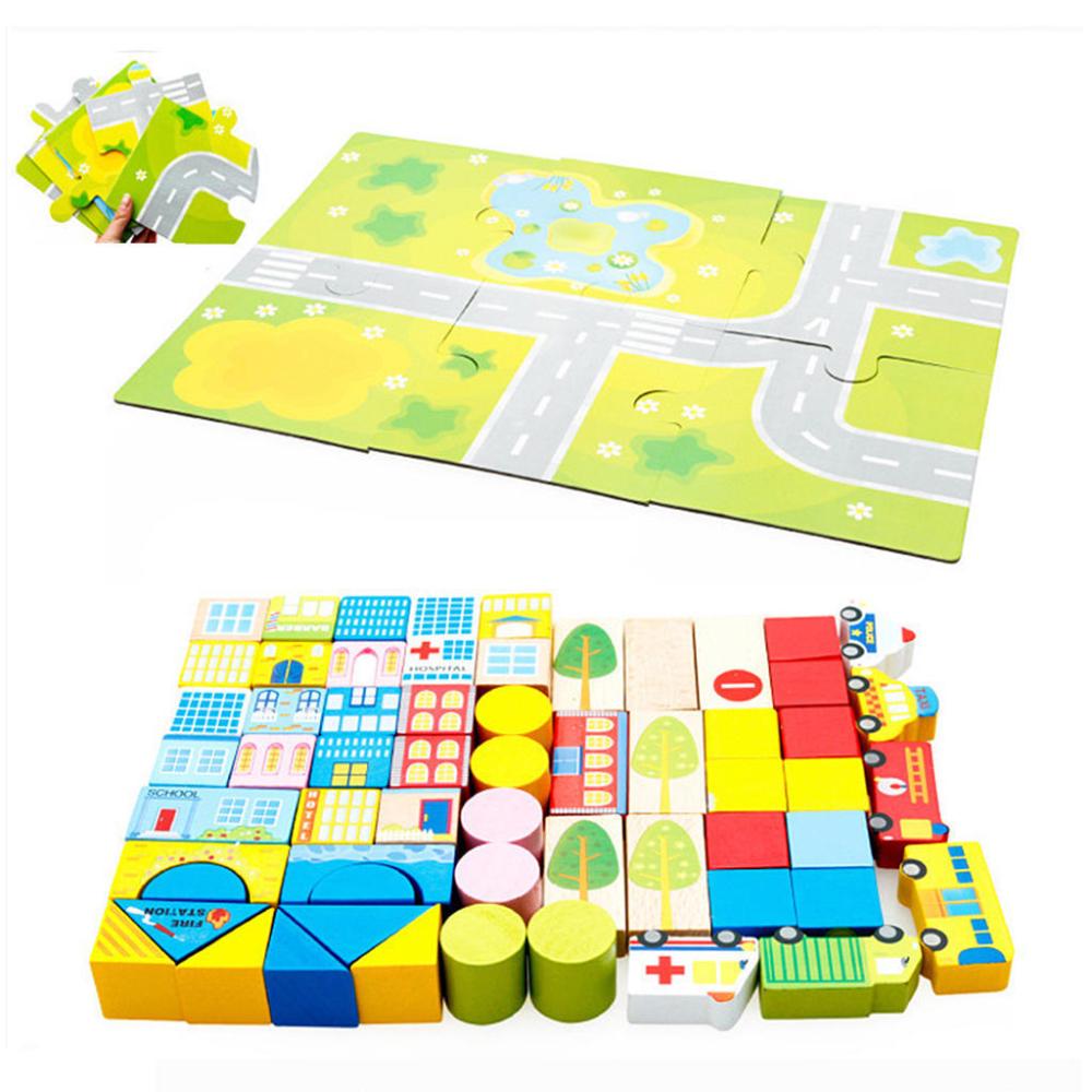 62-Piece Wood City Traffic Building Blocks