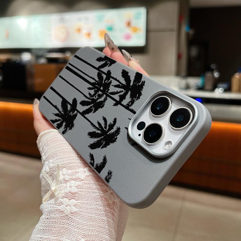Schwarze Kokosnussbaum-Print-dünne, stoßfeste, weiche TPU-Telefonhülle für iPhone 16 Pro Max 15 Pro 14 13 12 11 Linsenschutzhülle aus mattem Leder