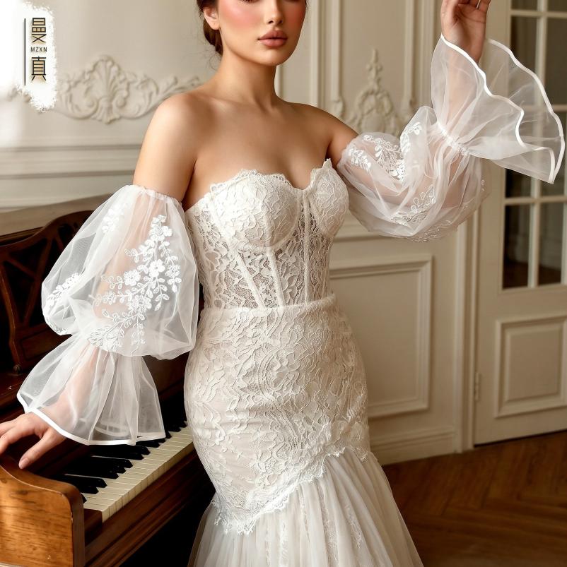 Off Shoulder Puff Tulle Sleeves Detachable Floral Lace Wedding Sleeves Removable Bridal Arm Cover For Strapless Mermaid Wedding Gown Photoshoot
