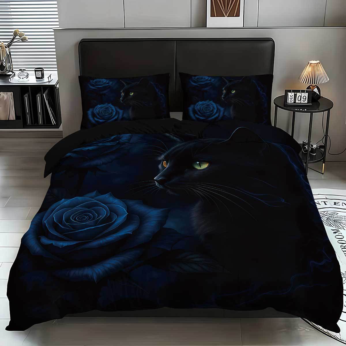 Quilt Cover Black Cat And Rose Digital Printing Three-Piece Flower Quilt Cover Bedding Kit 135x200