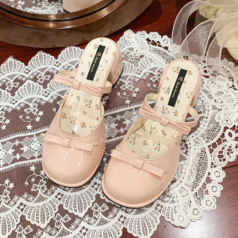 Summer JX New Mid-heeled Slippers Women's Bow Temperament Gentle Floral Bag Head Half Drag