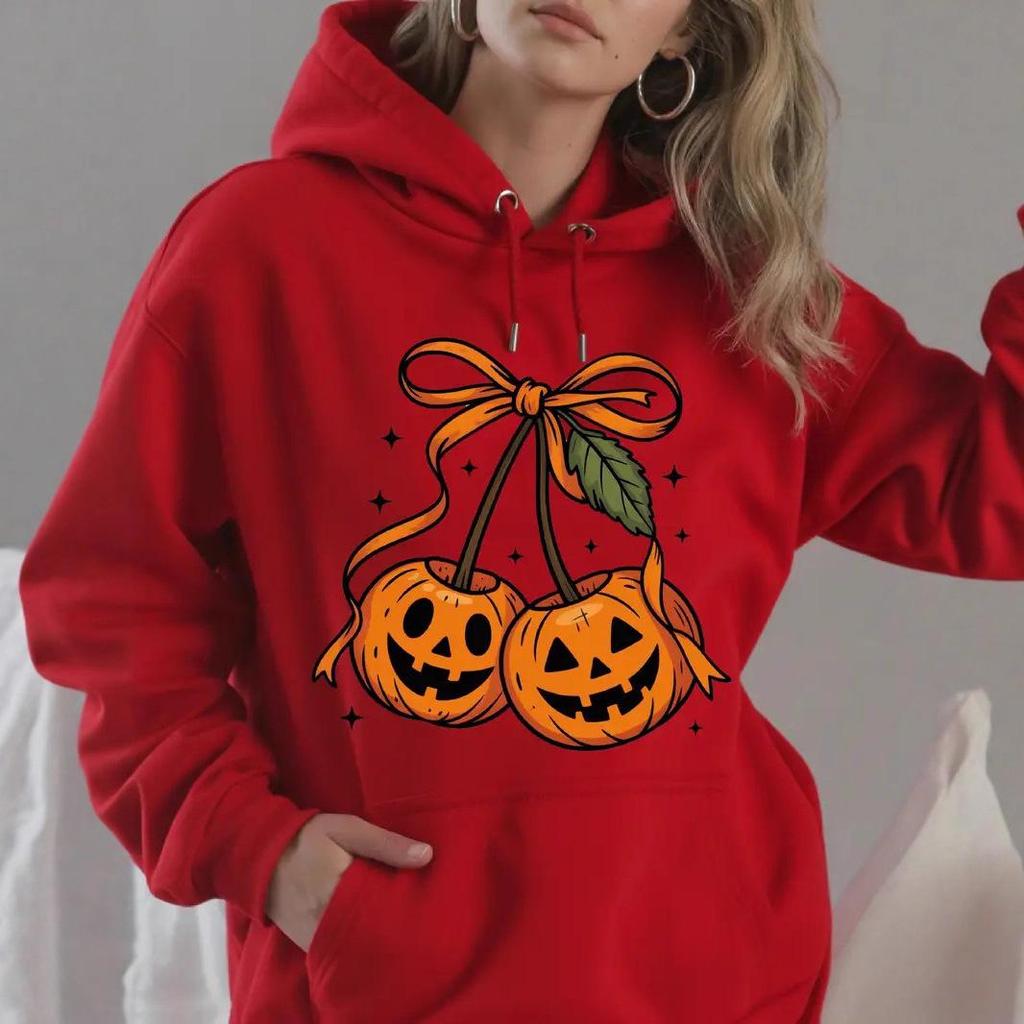 2025 Halloween Pumpkin Cherry Bowknot Hooded Sweatshirt, Casual Loose Fit for Europe and America