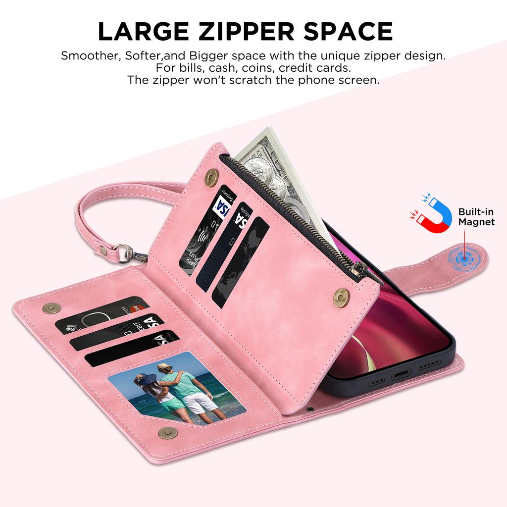 For iPhone 16 Pro Max Case Zipper Multi-Pocket Wallet Leather Phone Cover with Shoulder and Wrist Straps