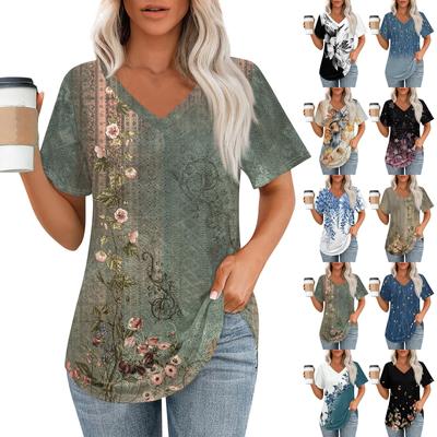 Damen-T-Shirts mit V-Ausschnitt, kurzärmelig, lässige Oberteile, lockere Passform, Basic-T-Shirts mit abgerundetem Saum