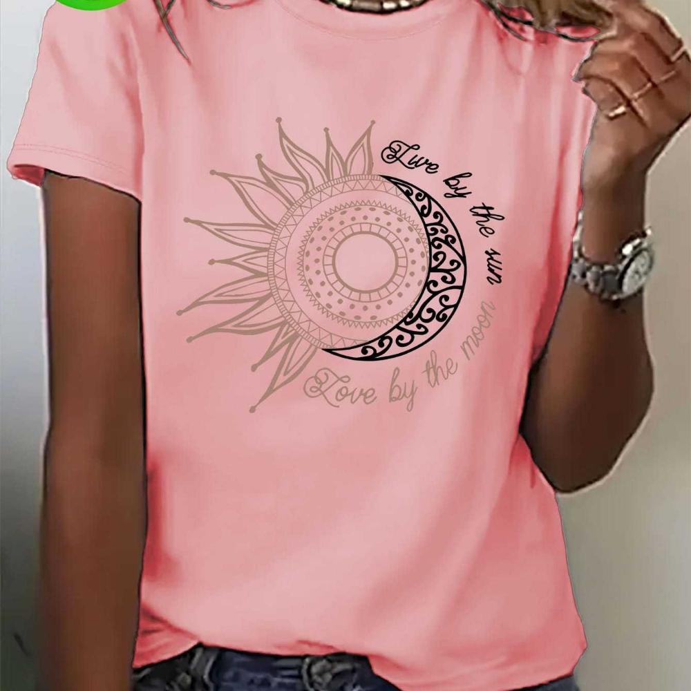 Women'S Casual Short Sleeve T-Shirt with Inspirational Sun and Moon Print Round Neck Fashion Top Ladies T Shirts