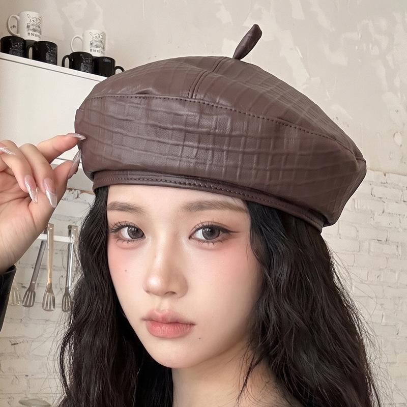 Beret PU Leather British Retro Style, Autumn And Winter New Women'S Black Berets Hat Painter Cap Female