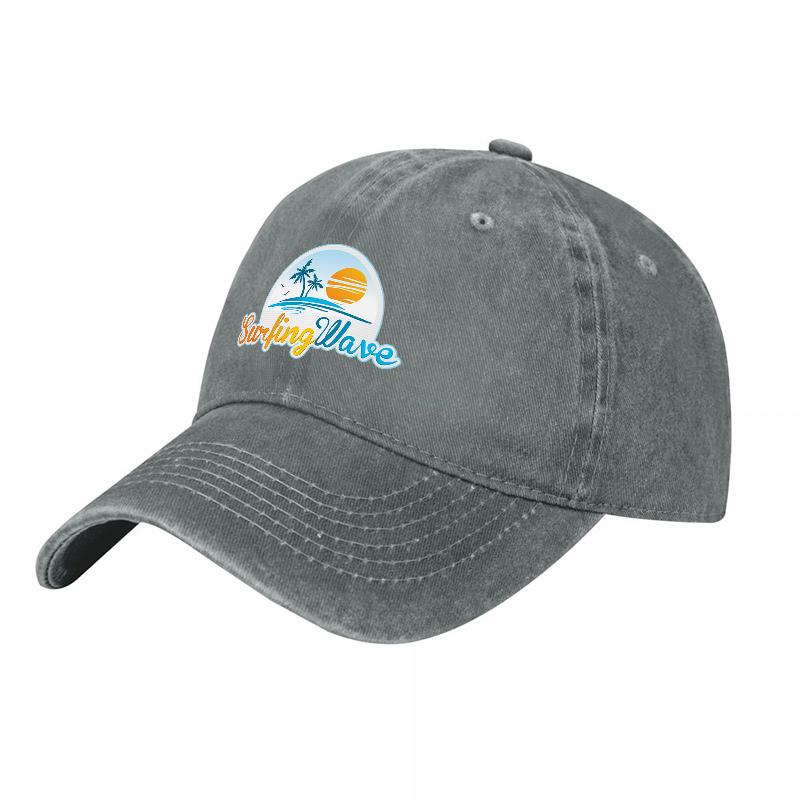 Surfing Wave Logo Washed Canvas Baseball Cap with Tropical Sunset Design for Casual Outdoor Wear and Beach Style Fashion