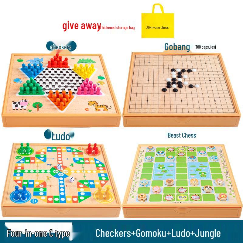 Multi-game Board Set: Ludo, Five-in-a-Row, Chinese Chess, Checkers, Animal Adventure, Kids' Chess