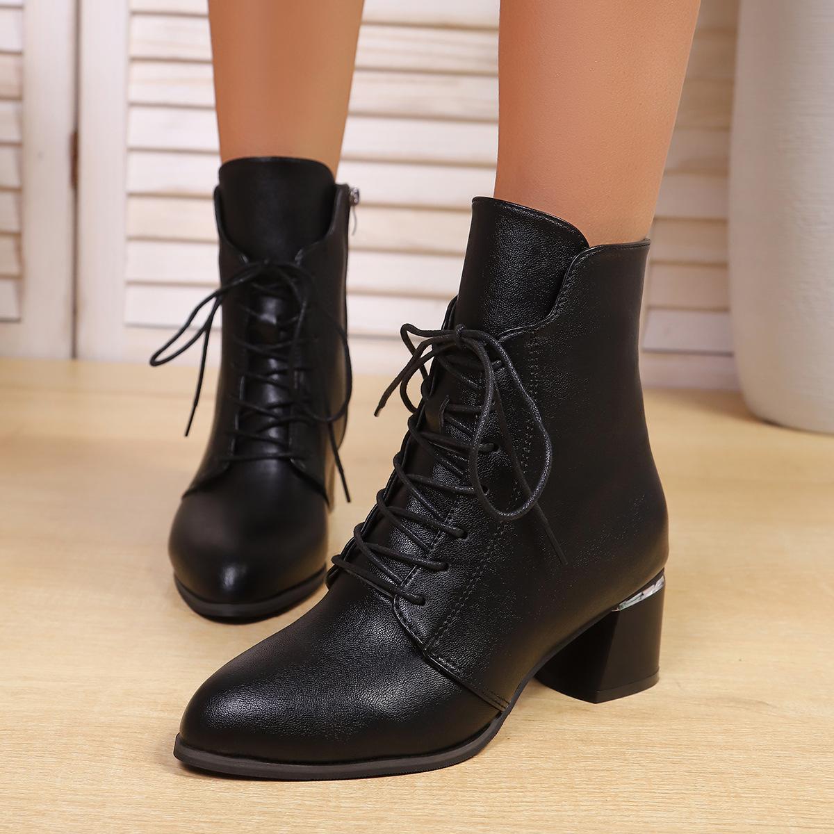 

Pointed Toe Side Zipper Mid Heel Boots Women s Winter British Style Chunky Heel Black Ankle Boots Botas Mujer Size 36-43 Botines 43