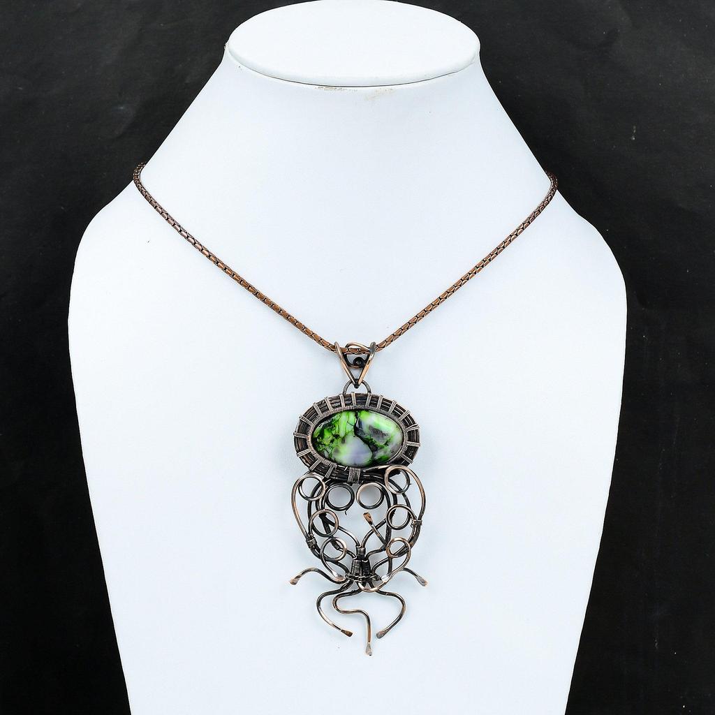 Green Dendrite Opal Gemstone Copper Wire Wrap Handmade Pendant Designer Jewelry