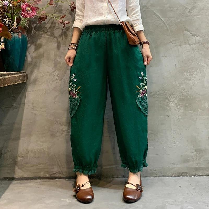 Damen Baumwollleinenhose Retro Elastischer Bund Bestickte Blumenstickerei Loungewear