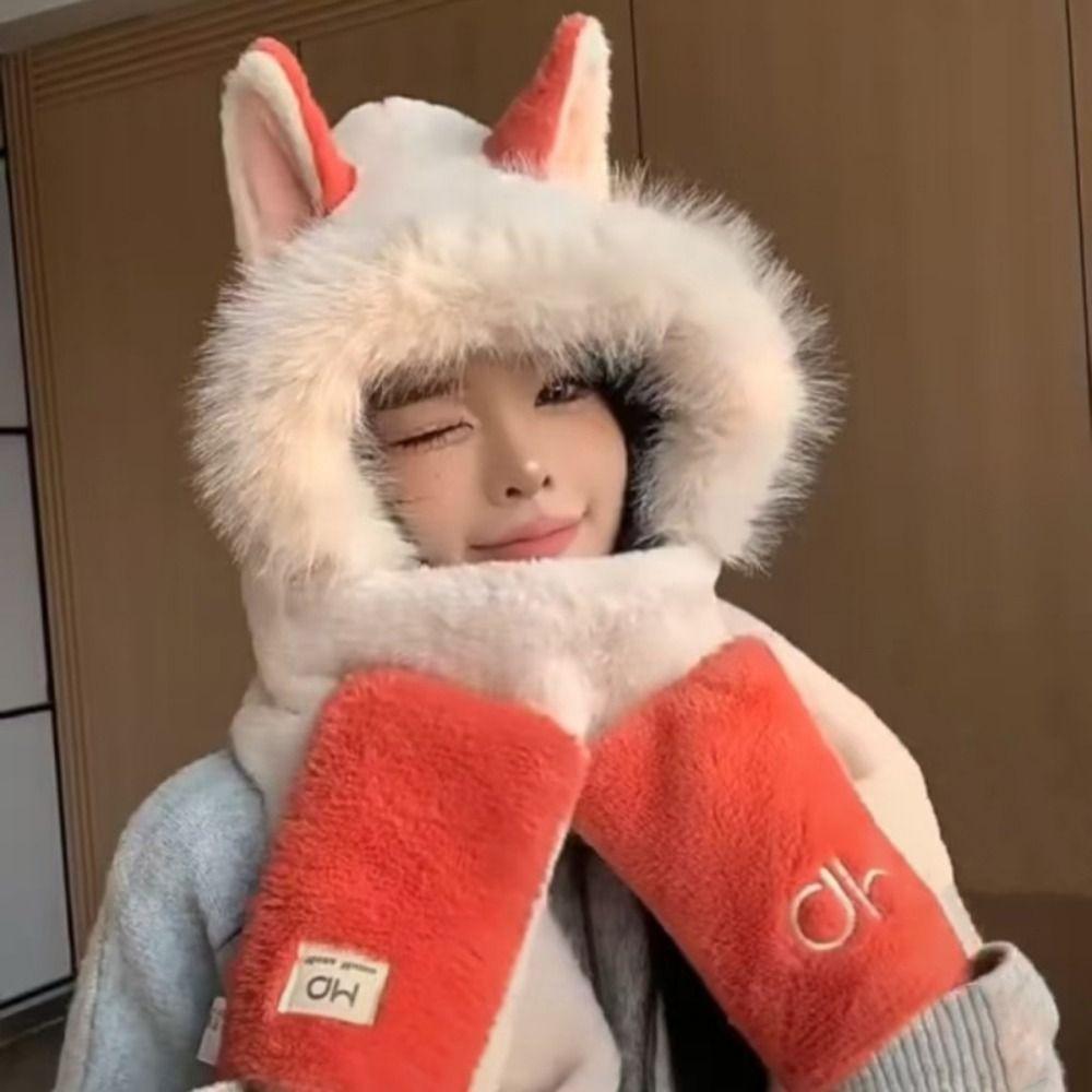 2/3Pcs Casual Scarf Hat Glove for Women Thickened Cartoon Plush Hat Furry Scarf Cap Set Winter
