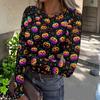 Women's Casual Fashion Long Sleeve Ribbed Top Halloween Print Round Neck Slim Fit Stretchy Knit Shirt