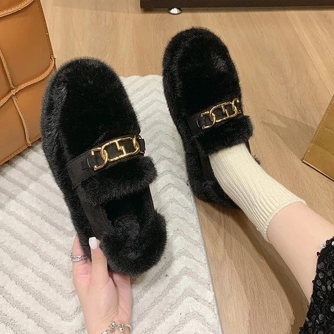 Fashion Luxury Sheep Fur Lined Loafers Women Lambswool Shoes Ladies Winter Slip On Furry Flats Cotton Wool Mocasine Femme Barefoot Boots