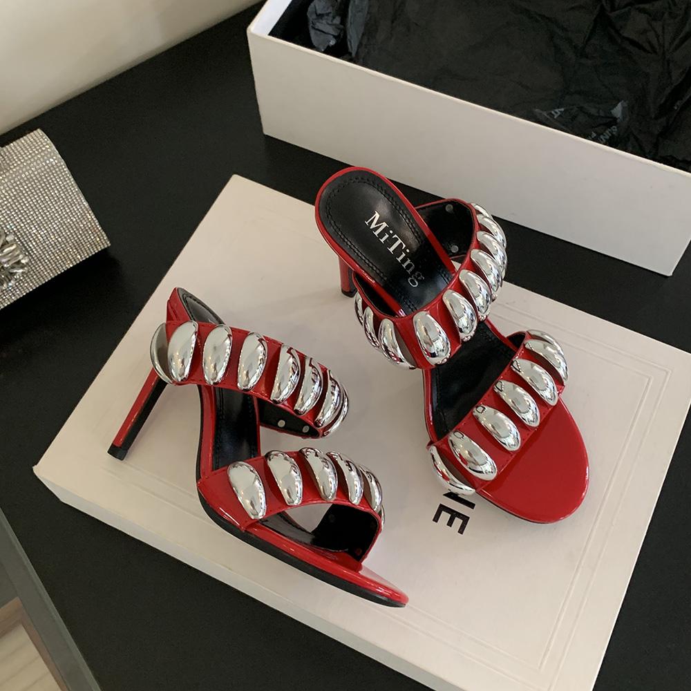 fashion Fashion Women Slides Slippers Sexy Party Pumps Thin High Heels Black Red Silver Gladiator Summer Dress Sandals Slip On Party  39