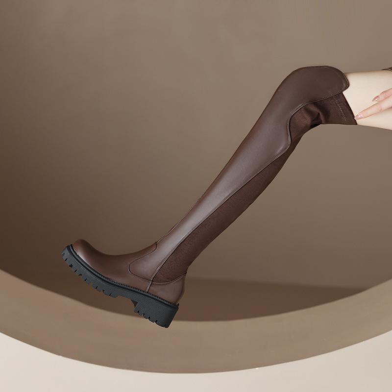 

Сексуальные сапоги выше колена, женские высококачественные кожаные длинные сапоги, плюшевые, сохраняющие тепло зимние высокие сапоги, удобные сапоги на толстом каблуке с эластичной резинкой 39 коричневый