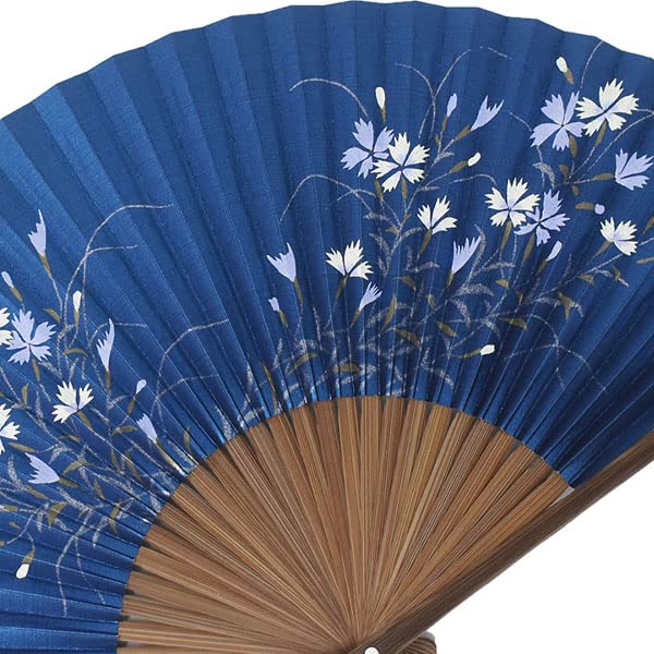 Japanese Kyoto Made In Karaki Navy Blue Bellflower Design Fan, Style, Japan, Wood, Pearl,