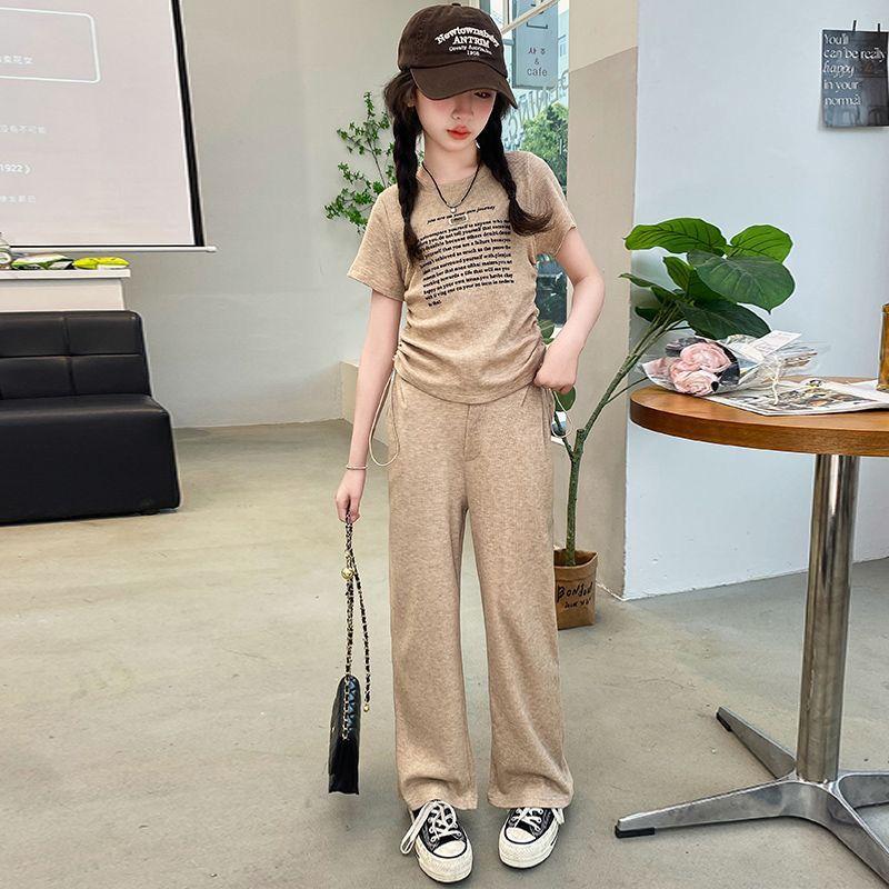 Girls' Summer Sports Suit, Drawstring Top, Short-Sleeved Wide-Leg Pants Two-Piece Set