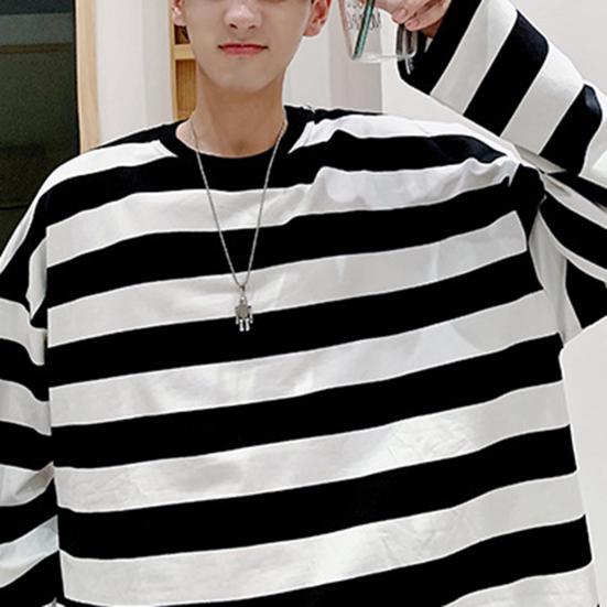 Męska bluza w paski, okrągły dekolt, długi rękaw, swobodny, luźny krój, modny top dla młodych mężczyzn, akcesoria