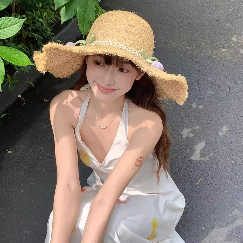 Japanese and French Sweet Tulips Straw Hat Sun Protection Big Brim Sun Protection Lafite French Big Brim Straw Hat