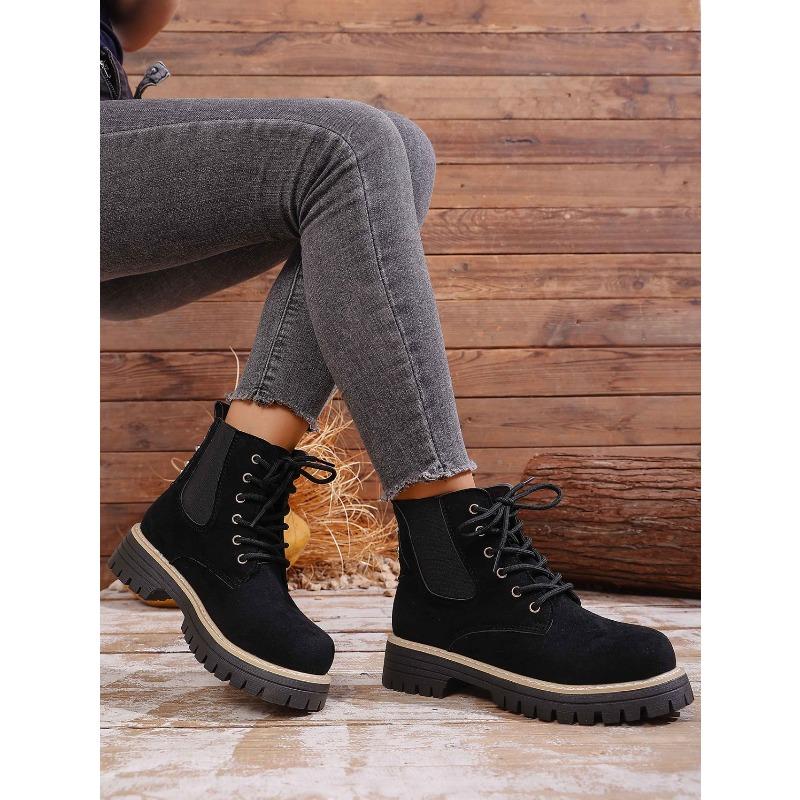 Round Toe Lace-up Muffin Suede Plus Size Booties 2025 Winter Thick Heel British Style Martin Boots for Women