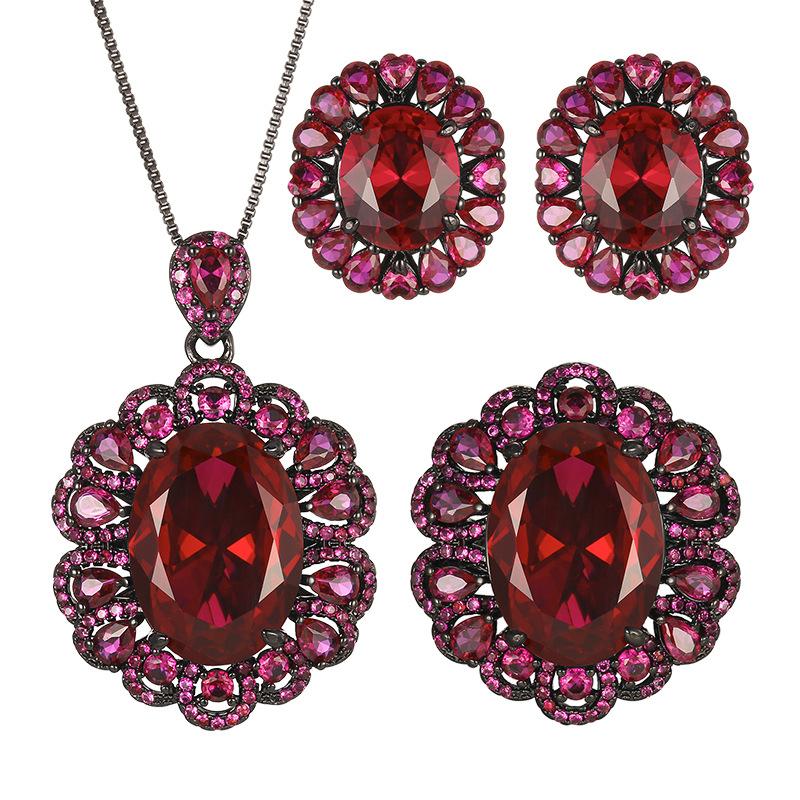 Autumn and winter new huabi jewelry simulation red corundum retro black gold jewelry set main stone 13 * 18-10-12